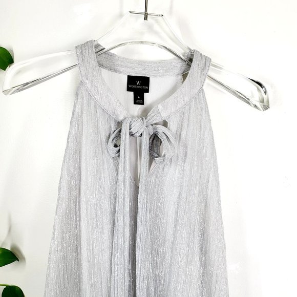 WORTHINGTON Silver Sparkle Halter Top LARGE Tie Neck Holiday Glitter Sleeveless - Picture 4 of 10